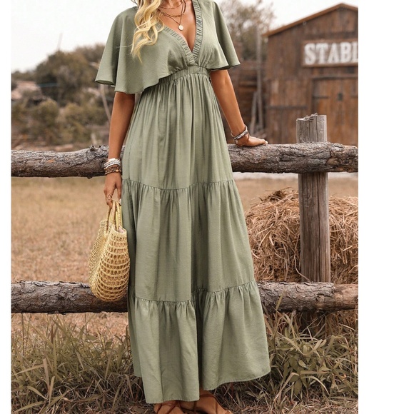 Boho Solid Deep V neck Butterfly Sleeve Ruffle Hem Maxi Dress - Picture 6 of 9
